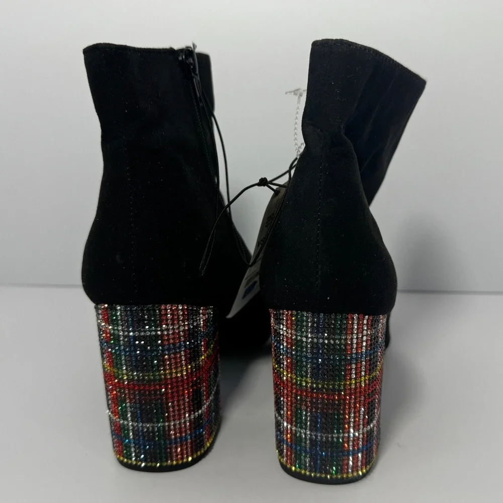 NWT Betsey Johnson Women's  Plaid Rhinestone Block Heel Black Ankle Boots 10